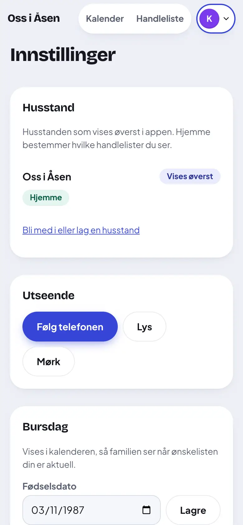 Skriv fødselsdato og trykk «Lagre».