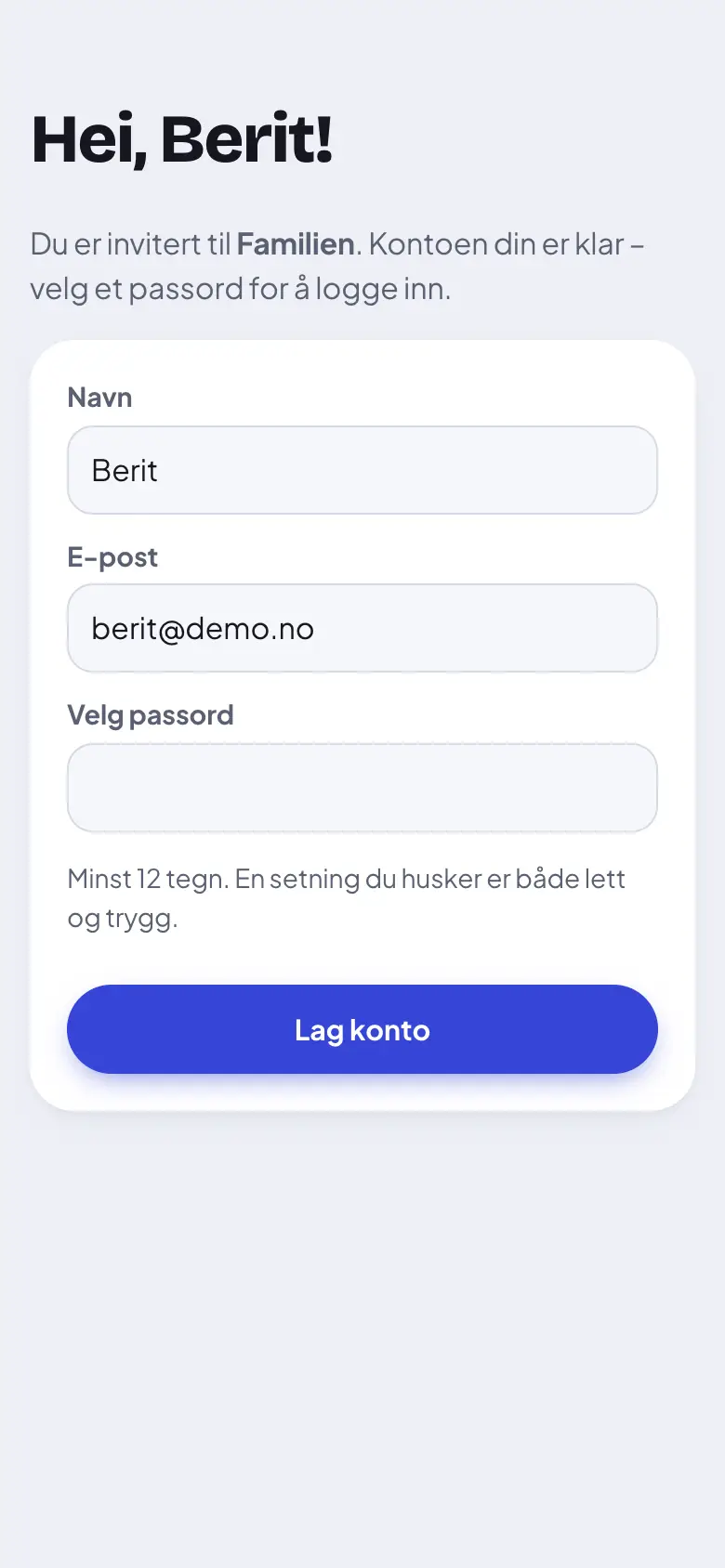 Slik ser siden ut når du åpner invitasjonslenken. Her lager du kontoen din.