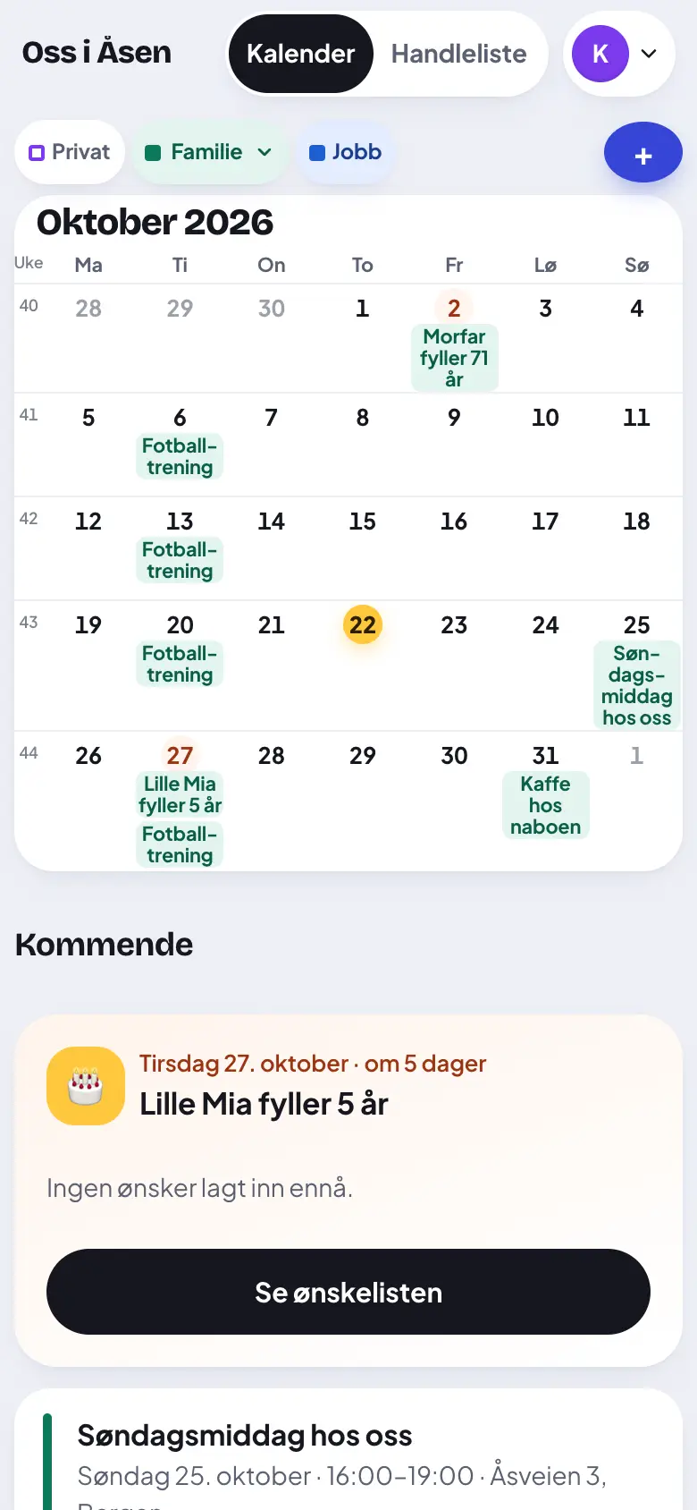 De private hendelsene er borte fra kalenderen.