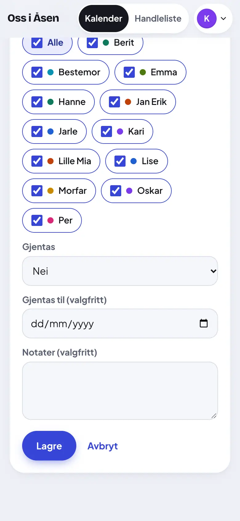 Velg hvor ofte det gjentas.