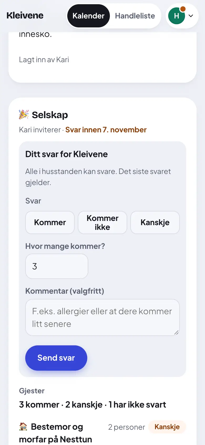 Velg «Kommer», «Kommer ikke» eller «Kanskje».