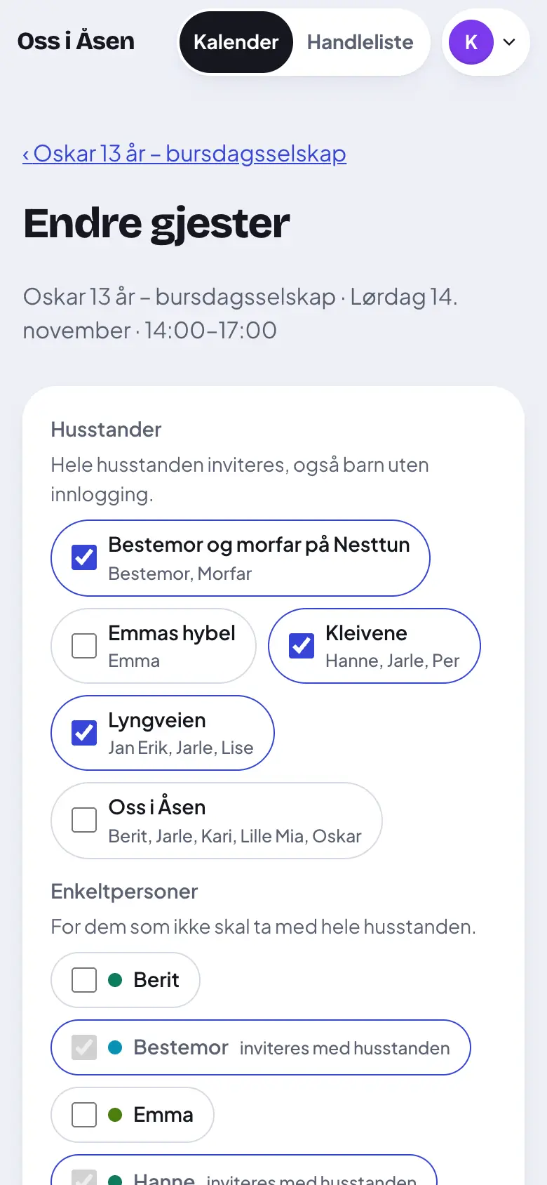 Velg hele husstander eller enkeltpersoner.
