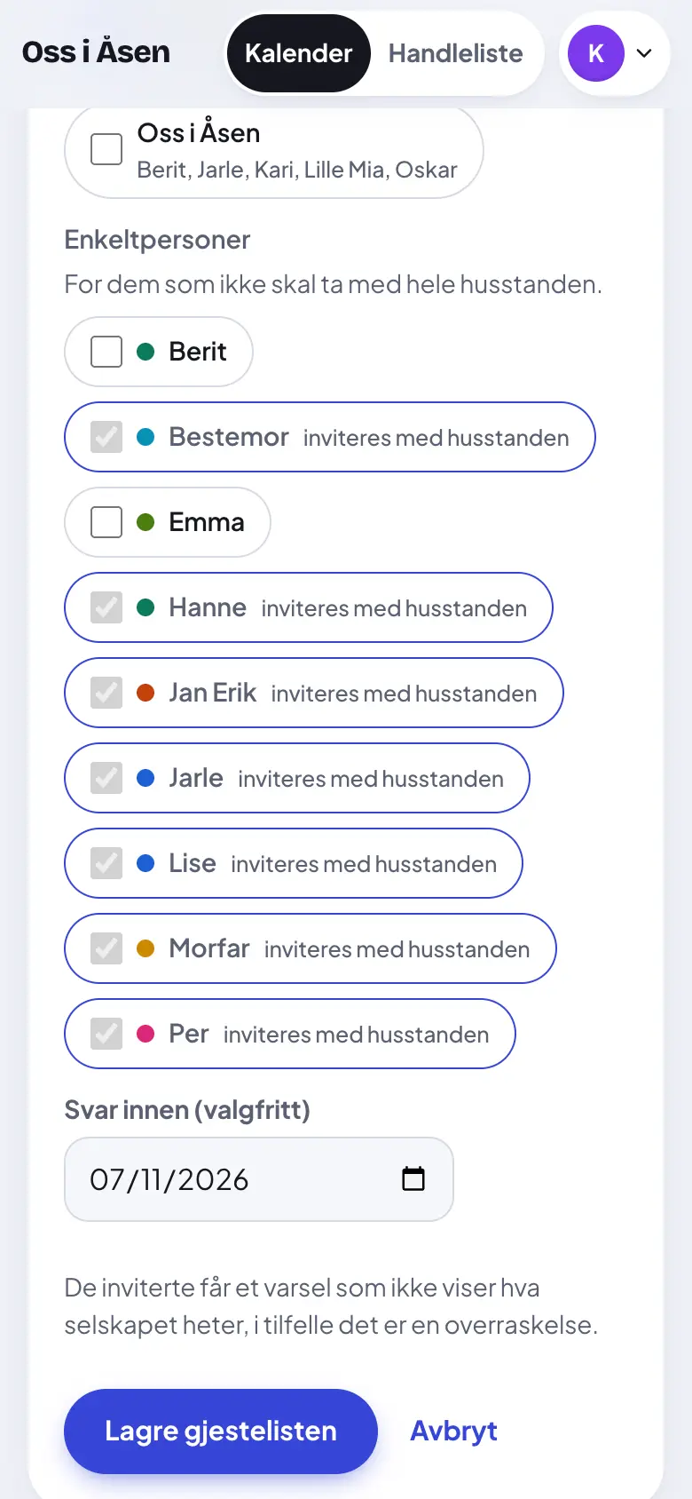 Sett «Svar innen» og trykk «Lagre gjestelisten».
