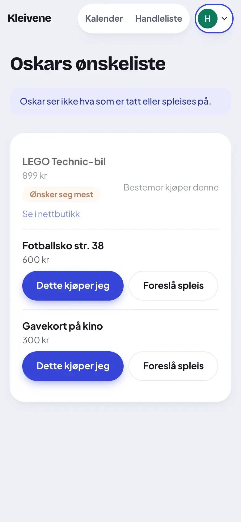 Trykk «Foreslå spleis» ved gaven.